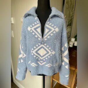 Jessica Simpson baby blue furry sweater with Aztec design- Size Medium